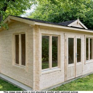 A wooden garden log cabin with large windows and double doors, situated in a lush green garden.