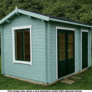 A small light blue log cabin with green doors and white trim. The shed has a window on the side and a black roof.