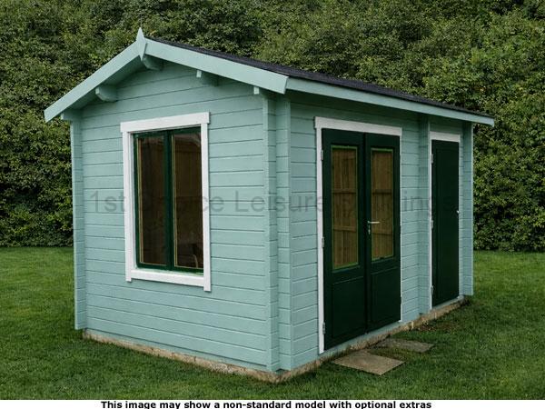 Wonersh Cabin Shed Combi 1 A small light blue log cabin with green doors and white trim. The shed has a window on the side and a black roof.