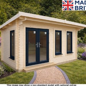 A Humber pent wooden log cabin with black doors and windows, set in a well-manicured lawn with a gravel path.