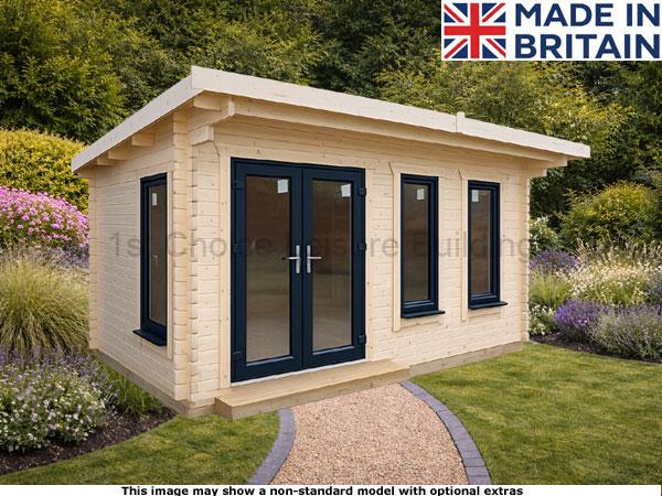 Humber Pent Cabin 1 A Humber pent wooden log cabin with black doors and windows, set in a well-manicured lawn with a gravel path.