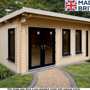 A Humber pent wooden log cabin with black doors and windows, set in a well-manicured lawn with a gravel path.