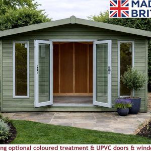 A green Platinum 6x12 Apex Fleet Garden Room with open white doors and windows, surrounded by plants and trees.