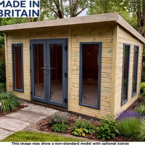 A Platinum 10x10 Pent Odiham Garden Room with double doors and windows. Made in Britain