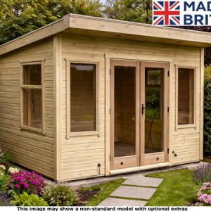 A wooden Platinum 8x6 Pent Odiham Garden Room with double doors and windows. Perfect for garden storage or office.