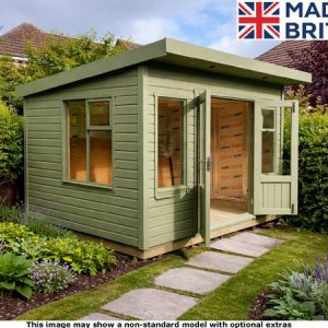 A green Platinum 8x8 Pent Odiham Garden Room with an open door and window. The shed is in a well-manicured garden.