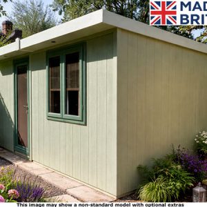 A green Royal Bletchley pent garden room with a white roof and paved path leading to the door. The shed has a window and a door.