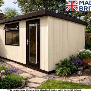 Royal Bletchley pent garden room with cream coloured walls and brown trim. The shed has a glass door and window.