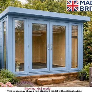 A blue Royal Buckingham 10x6 Garden Room with large windows and a flat roof