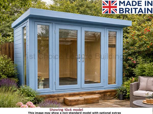 Royal Buckingham 8x6 1 A blue Royal Buckingham 10x6 Garden Room with large windows and a flat roof