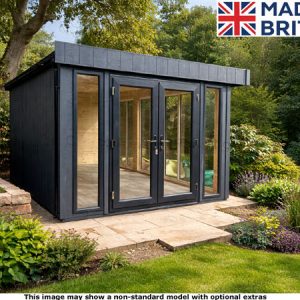 Black Royal Buckingham 10x6 Garden Room with glass doors and a flat roof, surrounded by garden
