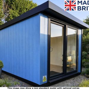 A blue Royal Denham Garden Room with a black roof and trim. The shed has a glass sliding door.