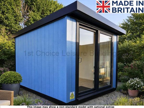 Royal Denham 10x10 Garden Room 1 A blue Royal Denham Garden Room with a black roof and trim. The shed has a glass sliding door.