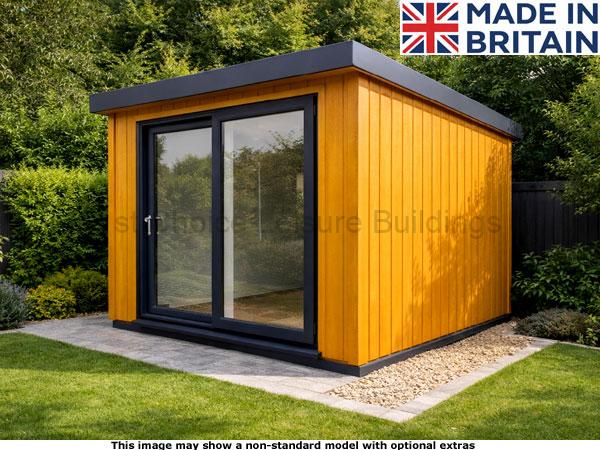 Royal Denham 8x8 Garden Room 1 A modern Royal Denham Garden Room made in Britain with a black roof and double doors.