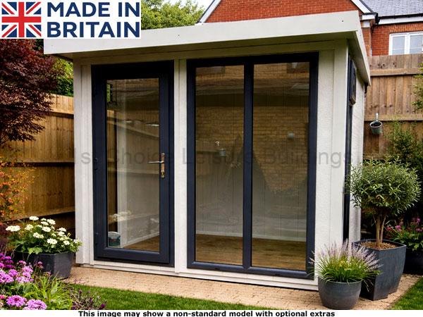 Royal Marlow 8x6 Garden Room 1 Royal Marlow Garden room with large glass doors and white walls. Made in Britain.
