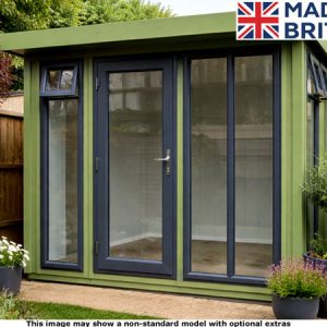A green Royal Marlow Pent 8x8 Garden Room with large glass doors and windows