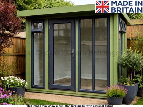 Royal Marlow 8x8 Garden Room 1 A green Royal Marlow Pent 8x8 Garden Room with large glass doors and windows