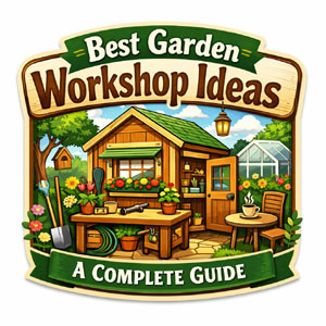 A garden workshop with a green roof and a garden.