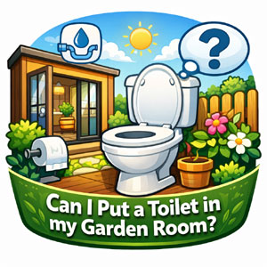 A cartoon garden room with a toilet and question mark. Considering installing a toilet in your outdoor garden room?