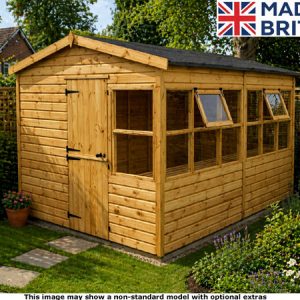 A wooden potting shed with windows and a door. Made in Britain.