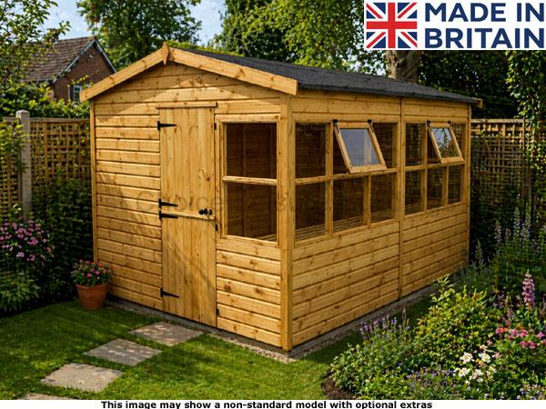 Diamond Petworth Shed 1 A wooden potting shed with windows and a door. Made in Britain.