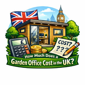 A garden office with UK flag and London skyline. Calculator and coins on the side.