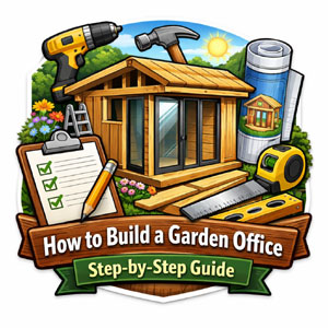 A garden office being built with tools and materials
