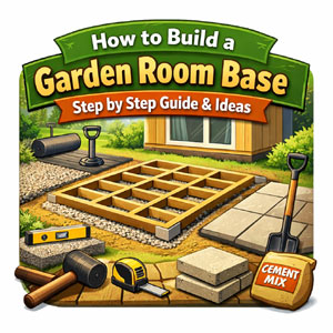 A garden room base under construction with paving slabs