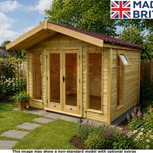 A wooden garden summerhouse with double doors and windows in a garden. The shed has a brown roof.
