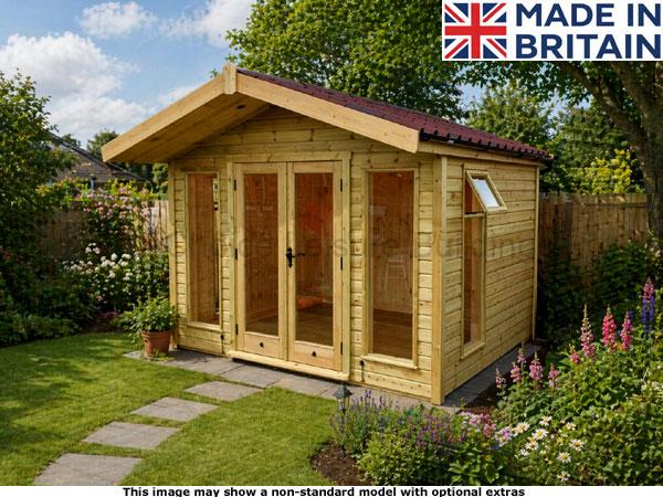 Platinum Highclere Apex 1 A wooden garden summerhouse with double doors and windows in a garden. The shed has a brown roof.