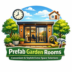 Prefab garden room with clock and house in background. Convenient and stylish extra space solutions.