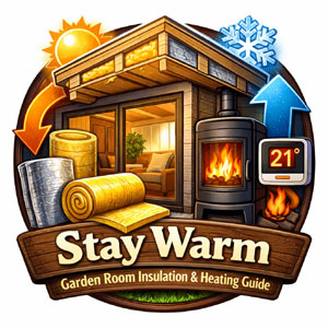 A graphic showing a garden room with insulation materials and a heater, with a temperature display showing 21 degrees.