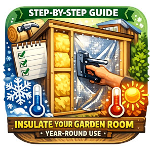 A hand installing insulation in a garden room. Insulation materials and tools.