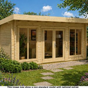A beautiful wooden log cabin with large windows and glass doors, surrounded by a well-manicured garden.