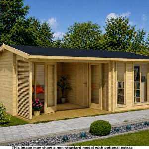 A modern wood log cabin with a black roof and large windows, surrounded by a well-manicured lawn and garden.