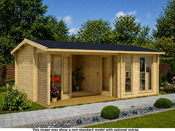 Mayford Apex Garden Cabin 1 A modern wood log cabin with a black roof and large windows, surrounded by a well-manicured lawn and garden.