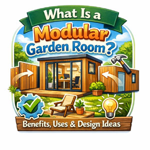 A modular garden room with a deck and furniture. A modern outdoor living space.