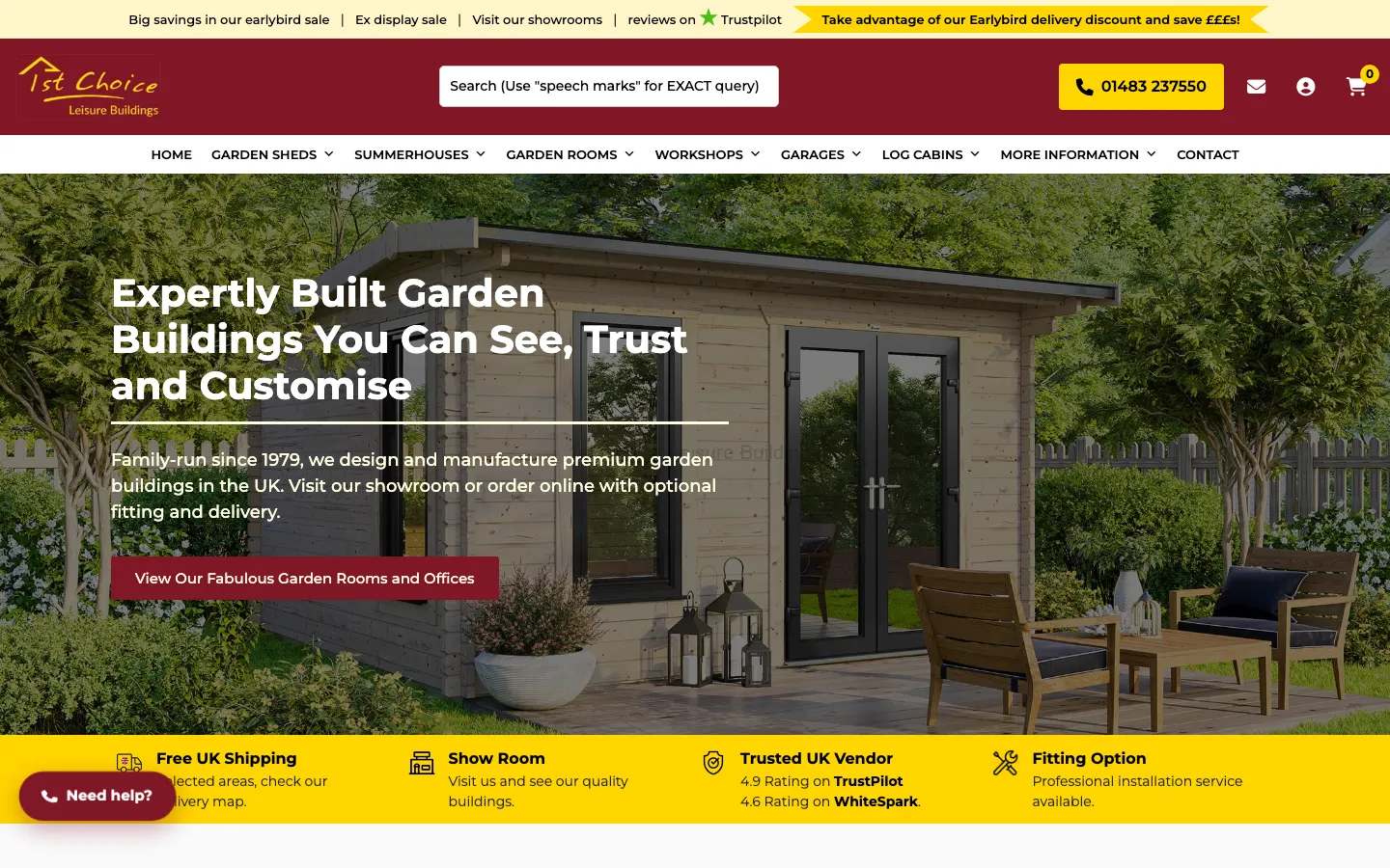 1st Choice Leisure Buildings homepage featuring the Sutton Green showroom and timber garden room range