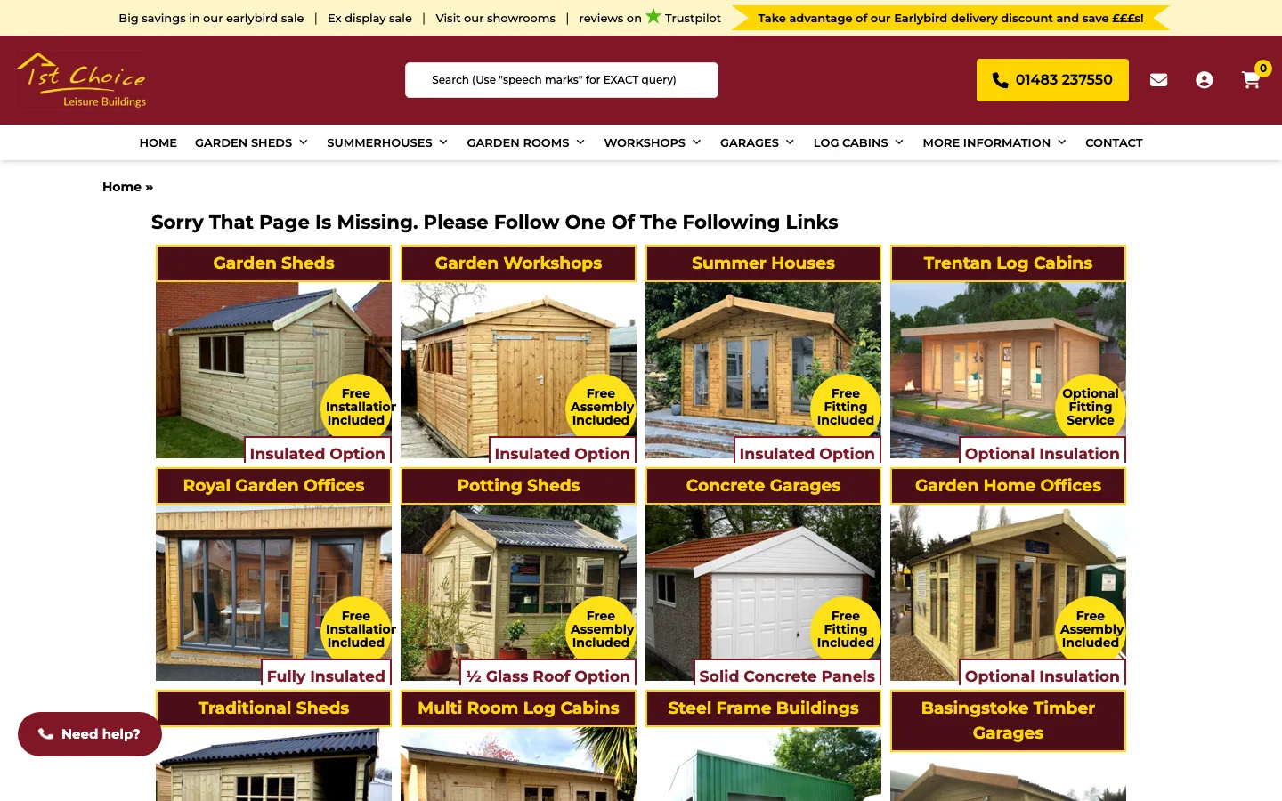 1st Choice Leisure Buildings Sutton Green display site page showing the Surrey showroom
