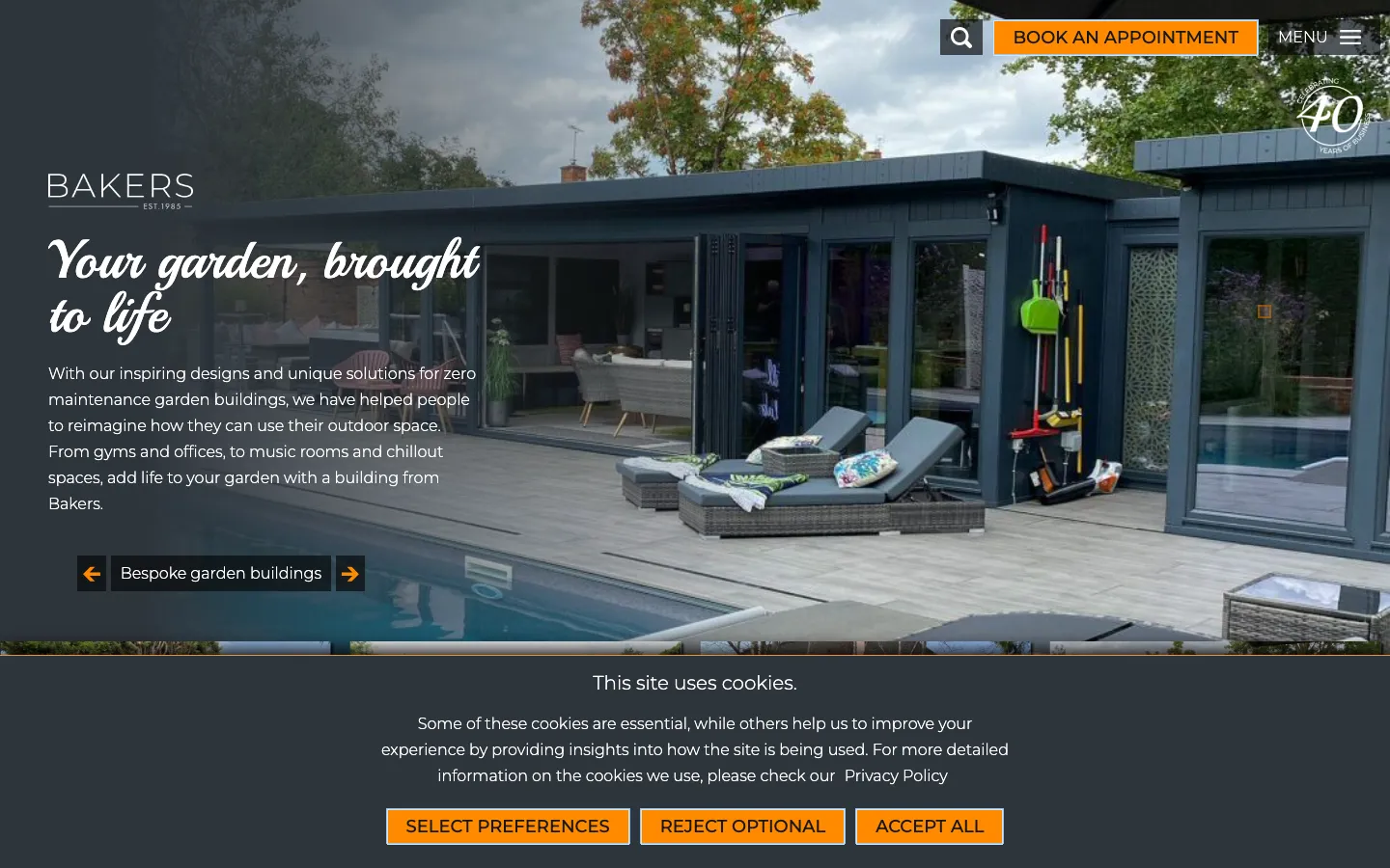Bakers Garden Buildings homepage showing the combination room range