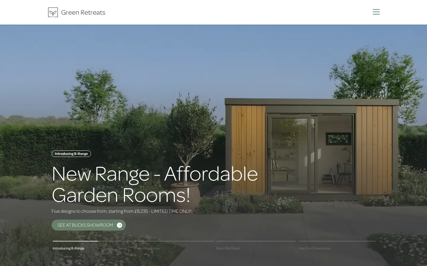 Green Retreats homepage showing the X1 garden room range and Twickenham showroom
