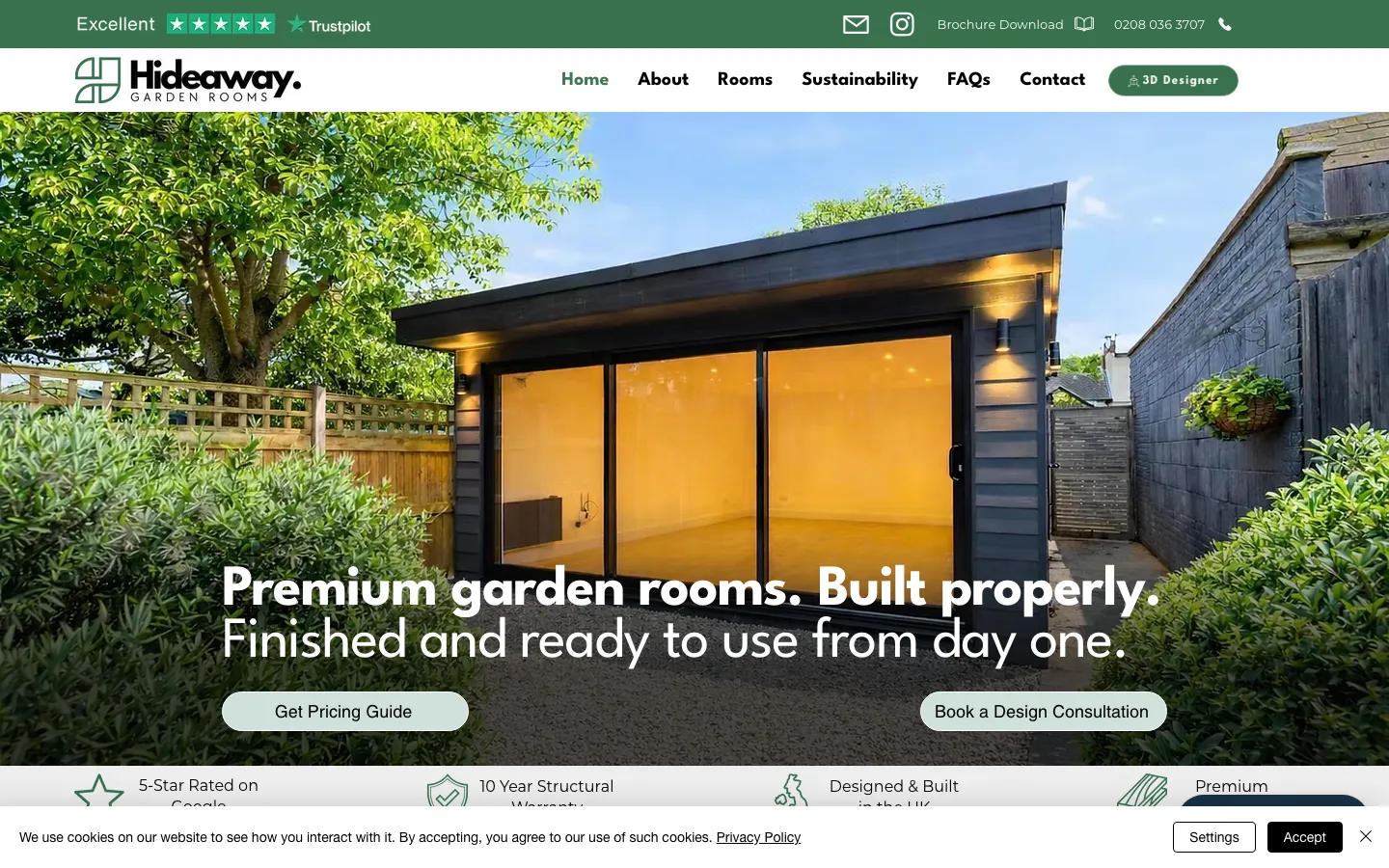 Hideaway Garden Rooms homepage showing the Hazel range