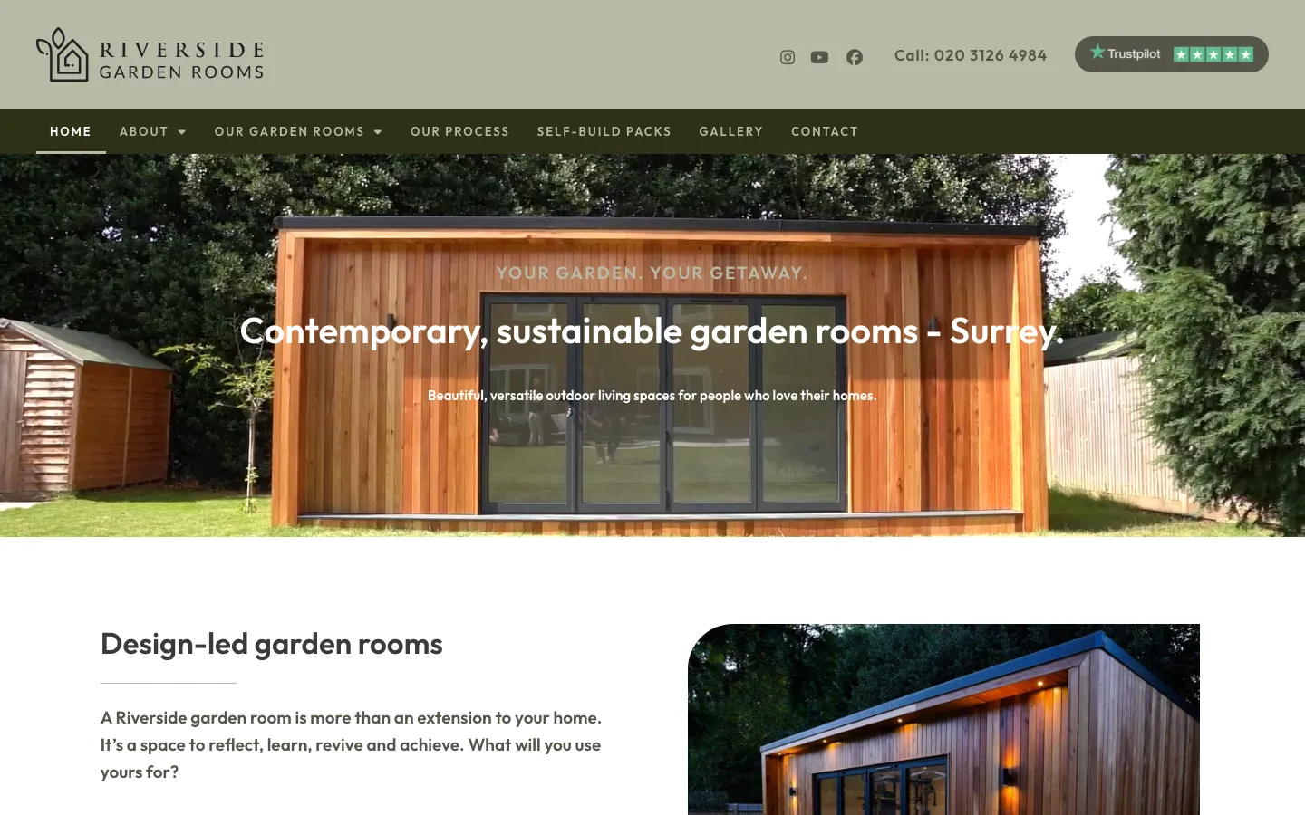 Riverside Garden Rooms homepage showing FSC cedar cladding garden rooms