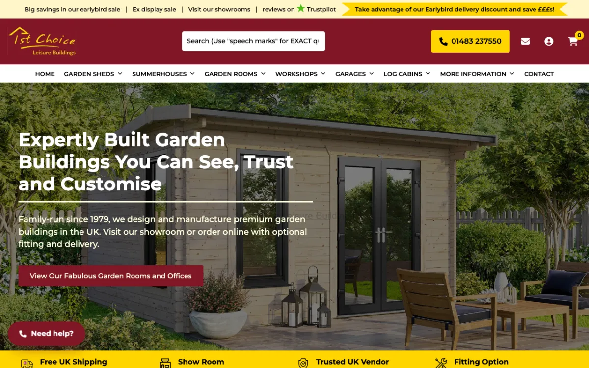 10 Best Summerhouse Suppliers in London 13 1st Choice Leisure Buildings homepage showing the Sutton Green showroom and summerhouse range