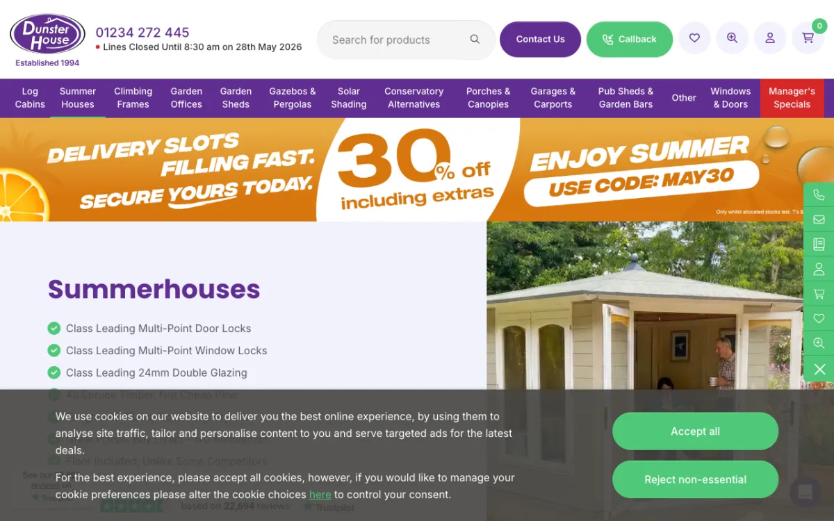 10 Best Summerhouse Suppliers in London 16 Dunster House summerhouses category page showing the Vantage range