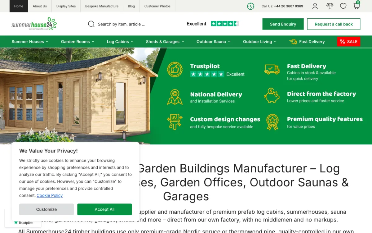 10 Best Summerhouse Suppliers in London 20 Summerhouse24 homepage showing thick-wall log summerhouses and thermowood range