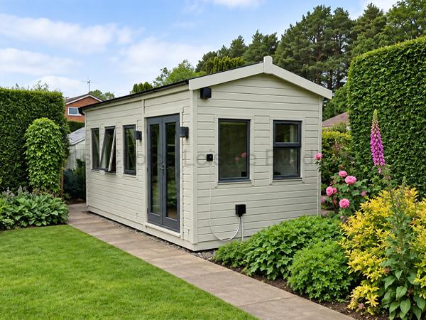 Large light grey Platinum Kingsclere 16 Foot X 8 Foot Summer House wooden shed with glass door, windows, and garden path.