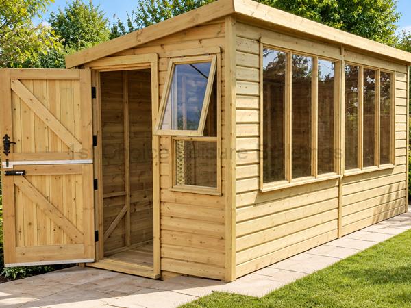 Light wood potting shed with a slanted roof and large glass windows along the side, open door.