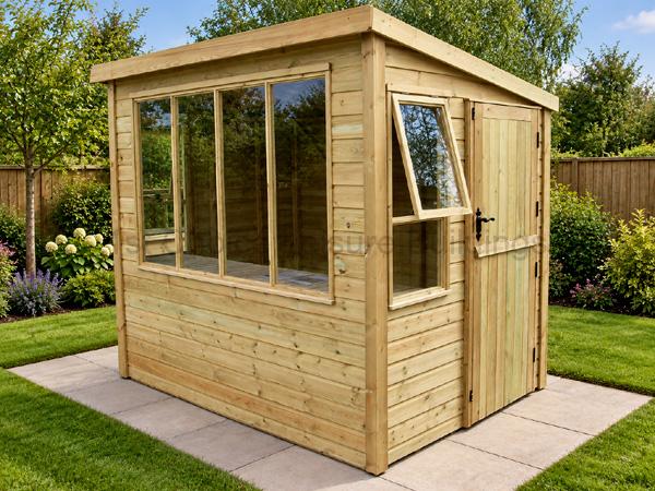 Small wooden potting shed with flat roof, windows, and a side door in a landscaped yard.