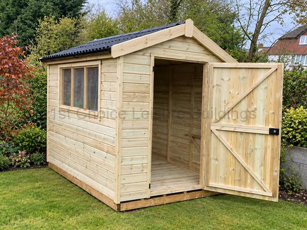 Light wood garden shed with gable roof, front door open, side window, on a wooden base.